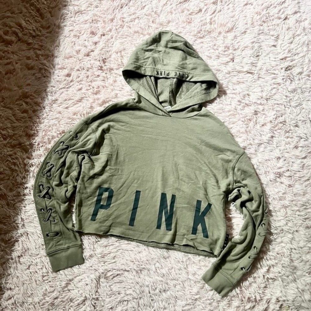 PINK Grunge Urban Gorpcore Cropped Hoodie Lace Up Sleeves Womans XS Rugged‎ Emo